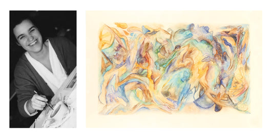 Chantal De Serres peignant à l’aquarelle en 1991, à gauche, et son œuvre Une lueur d’espoir, créée en 1992, à droite.